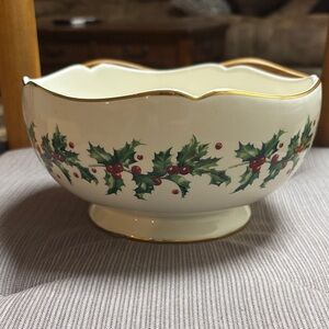 Lenox Holiday Bowl with Holly Design - Cream and Gold